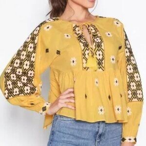 Topshop yellow embroidered long sleeve peplum shirt blouse top